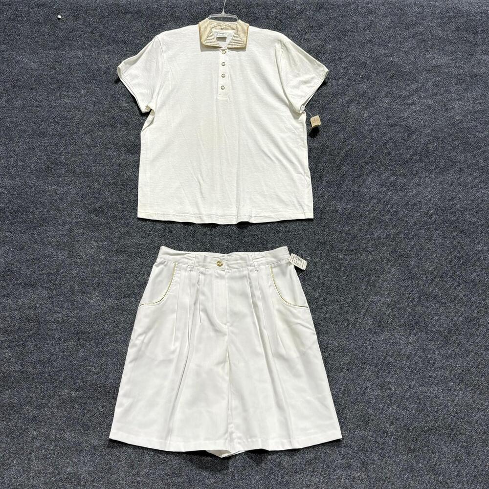 Vintage Natty Shirt Shorts Set Womens 14 White Polo Pleated 2 Piece USA 80s